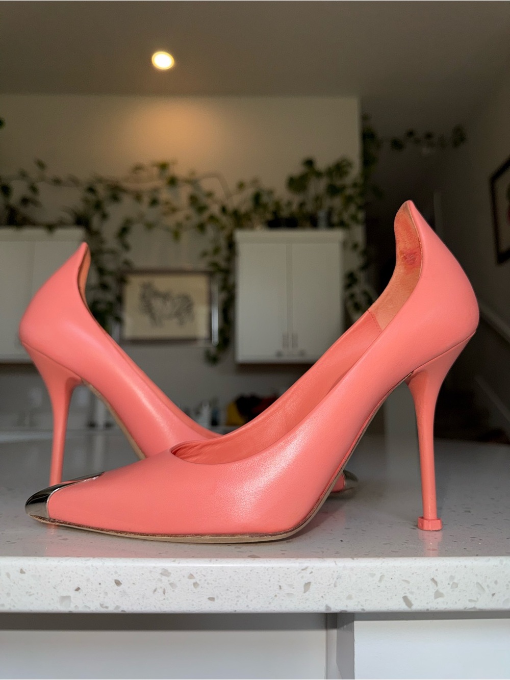 Alexander McQueen Coral Pink Pointed-Toe Pumps with Silver Metal Tip - Picture 2 of 14